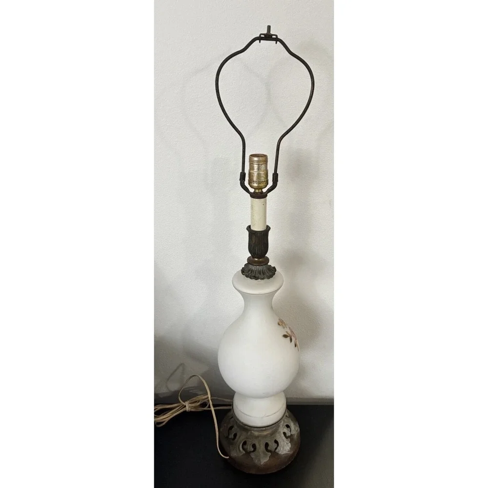 Antique West Germany Satin Glass Lamp Hand‎ Painted Floral